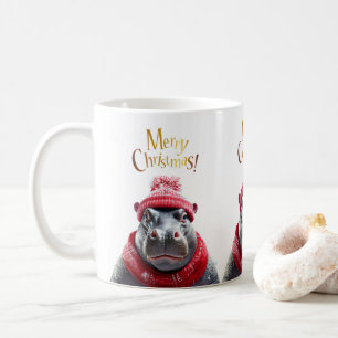 Merry Christmas Hippo Santa hat and scarf Coffee Mug