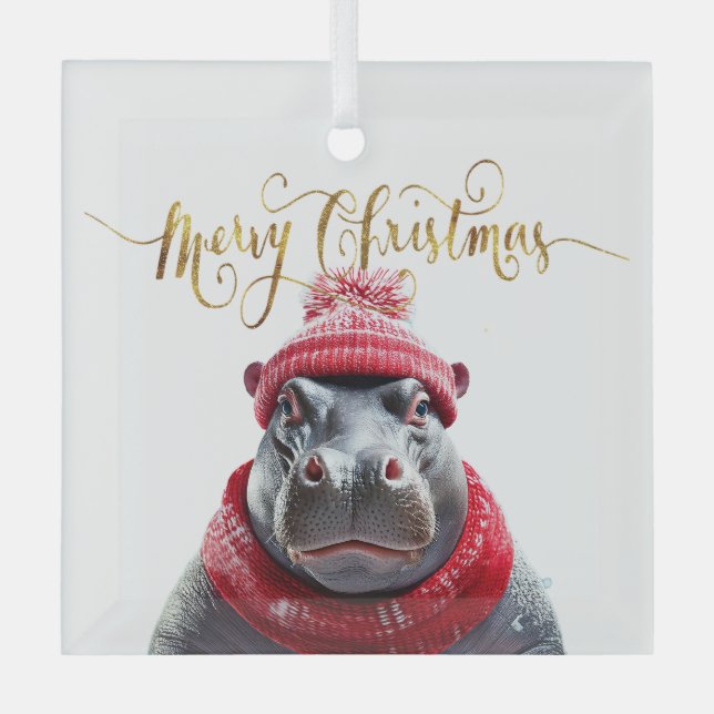 Merry Christmas Hippo Santa hat and scarf Glass Tree Decoration (Front)