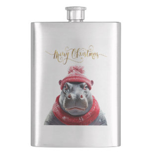 Merry Christmas Hippo Santa hat and scarf Hip Flask
