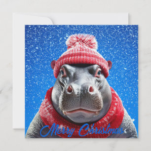 Merry Christmas Hippo Santa hat and scarf Holiday Card