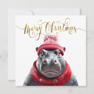 Merry Christmas Hippo Santa hat and scarf Holiday Card