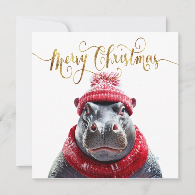 Merry Christmas Hippo Santa hat and scarf Holiday Card (Front)