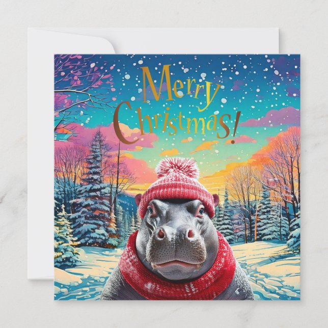 Merry Christmas Hippo Santa hat and scarf Holiday Card (Front)
