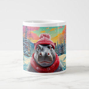 Merry Christmas Hippo Santa hat and scarf Large Coffee Mug