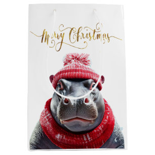 Merry Christmas Hippo Santa hat and scarf Medium Gift Bag
