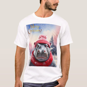 Merry Christmas Hippo Santa hat and scarf T-Shirt