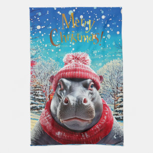 Merry Christmas Hippo Santa hat and scarf Tea Towel
