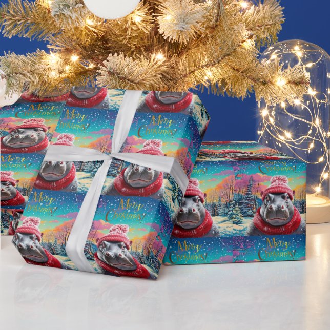 Merry Christmas Hippo Santa hat and scarf Wrapping Paper (Holidays)
