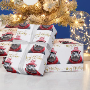 Merry Christmas Hippo Santa hat and scarf Wrapping Paper