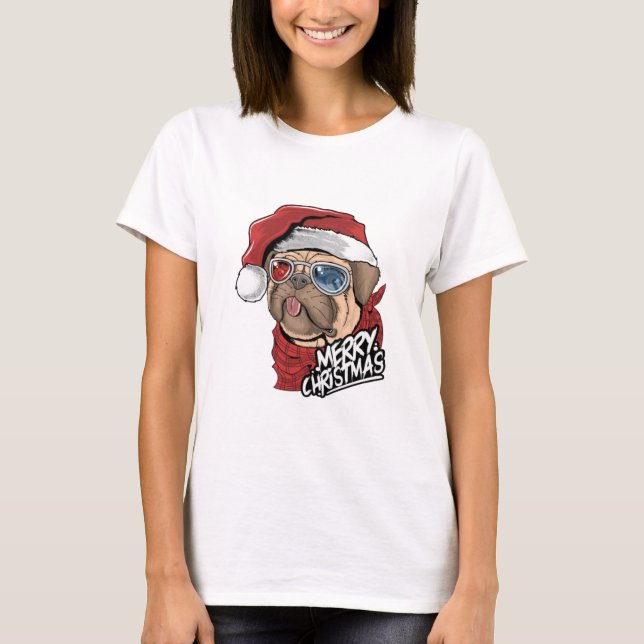 Merry Christmas Hipster Pug T-Shirt (Front)