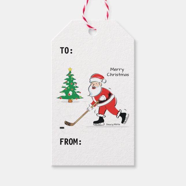 Merry Christmas Hockey Santa Gift Tags (Front)