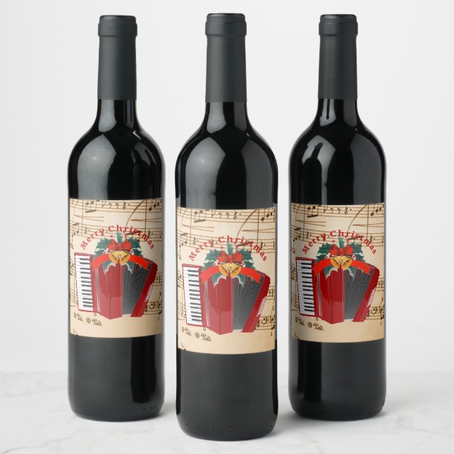 Merry Christmas, Holiday Accordion, Wine Label (Bottles)