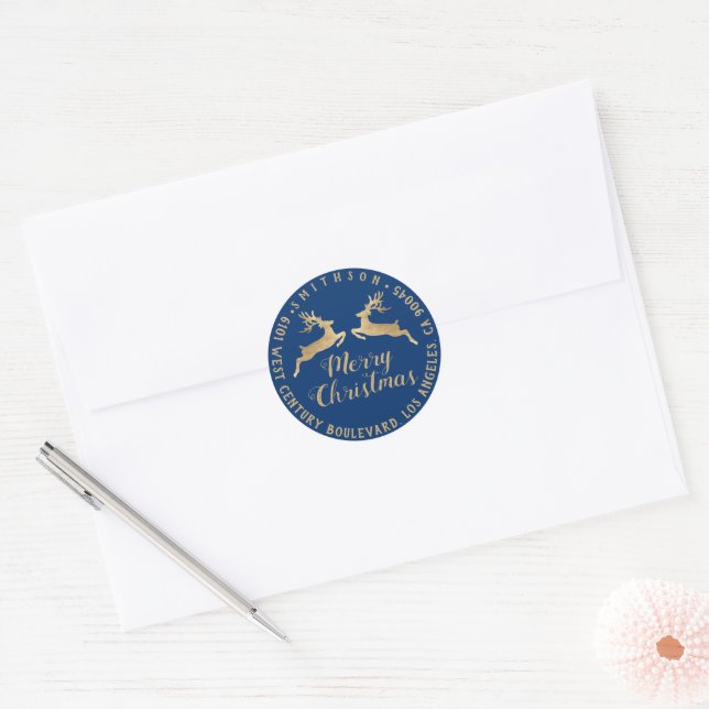 Merry Christmas Holiday Address RSVP Blue Navy  Classic Round Sticker (Envelope)