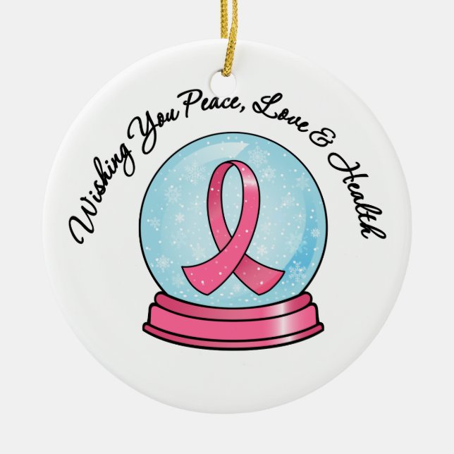 Merry Christmas Holiday Breast Cancer Ribbon Snowg Ceramic Tree Decoration (Front)