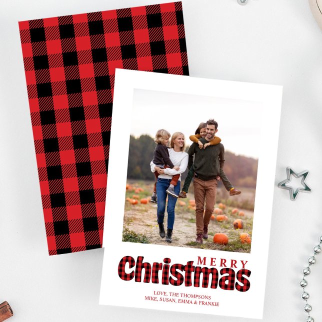 Merry Christmas Holiday Buffalo Check Simple  (Merry Christmas red and black buffalo check typography multi photo greeting card. )