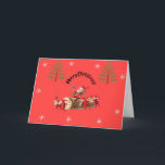 Merry Christmas! Holiday Card<br><div class="desc">Send vintage charm and cheerful holiday spirit with this playful "Merry Christmas!" card featuring Santa and his hardworking elves rolling a festive log across a bold red background. Decorated with retro-style trees and snowflakes, this card captures the magic and mischief of the season in a bright, nostalgic design. Inside message:...</div>