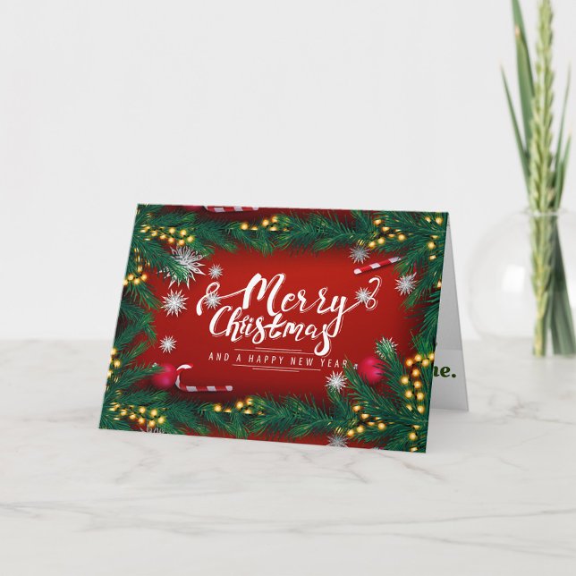 Merry Christmas Holiday Card (A Christmas card with a red background and a border of green pine branches, small white snowflakes.)