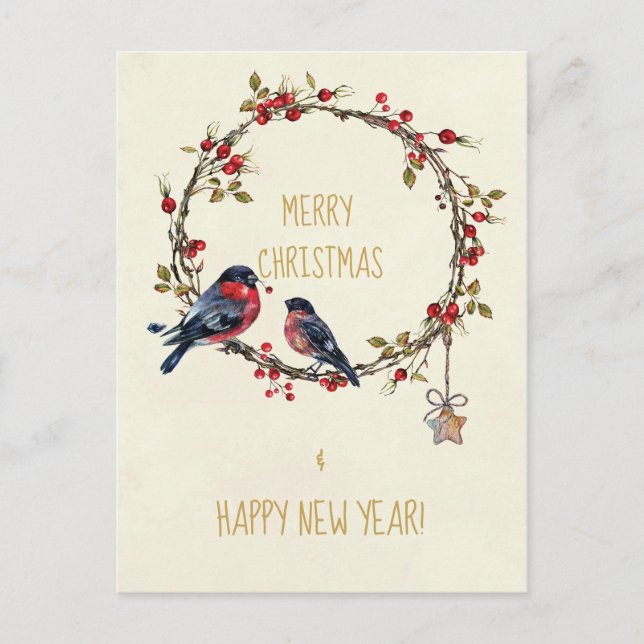 Merry Christmas holiday card birds holly berries (Front)