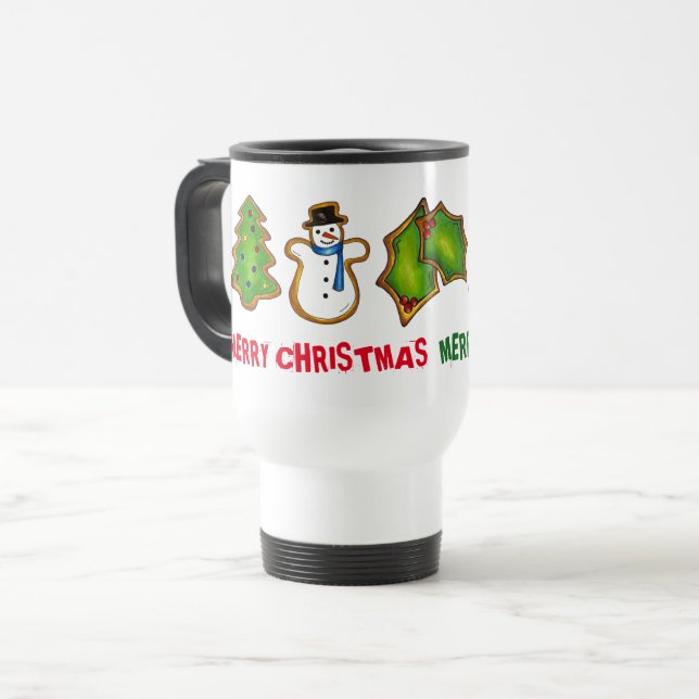 Merry Christmas Holiday Cookies Snowman Tree Bell Travel Mug (Front Left)