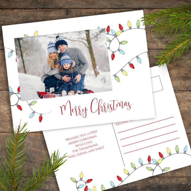 Merry Christmas Holiday Cute Festive String Lights Postcard (Merry Christmas holiday photo postcard with whimsical cute string lights. )