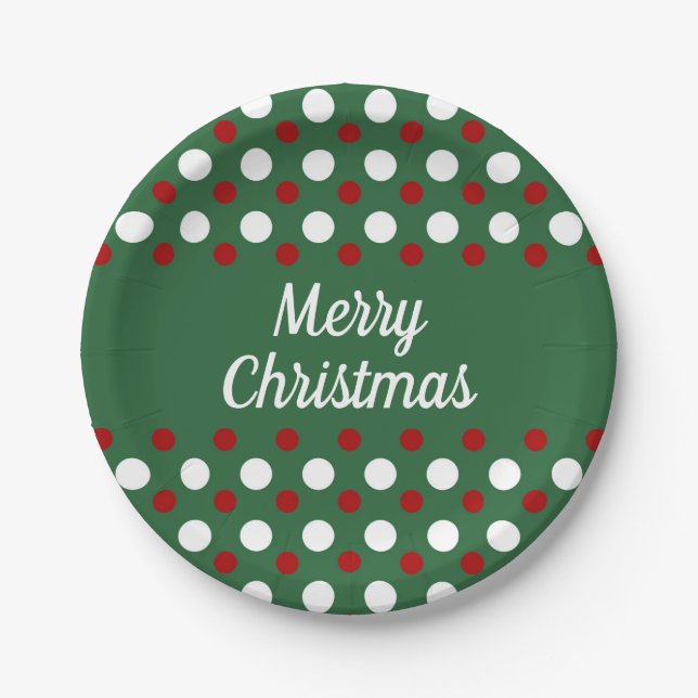 Merry Christmas Holiday Cute Green Polka Dots Paper Plate (Front)