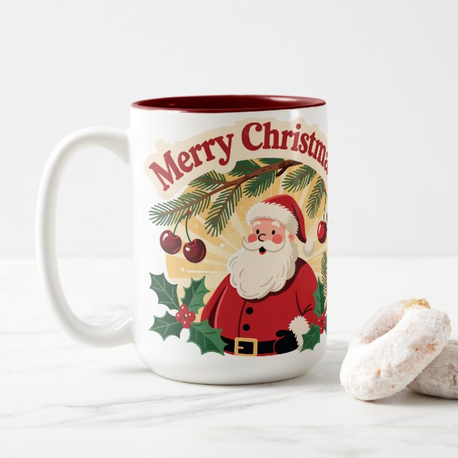 Merry Christmas Holiday Design Two-Tone Coffee Mug (With Donut)