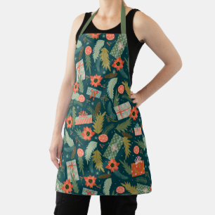 Merry Christmas Holiday Floral Poinsettia Pattern Apron