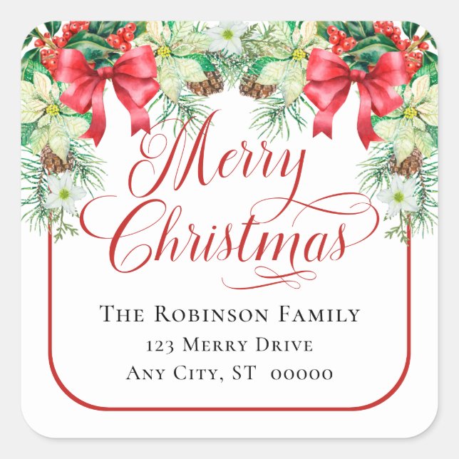 Merry Christmas Holiday Floral Return Address Square Sticker (Front)
