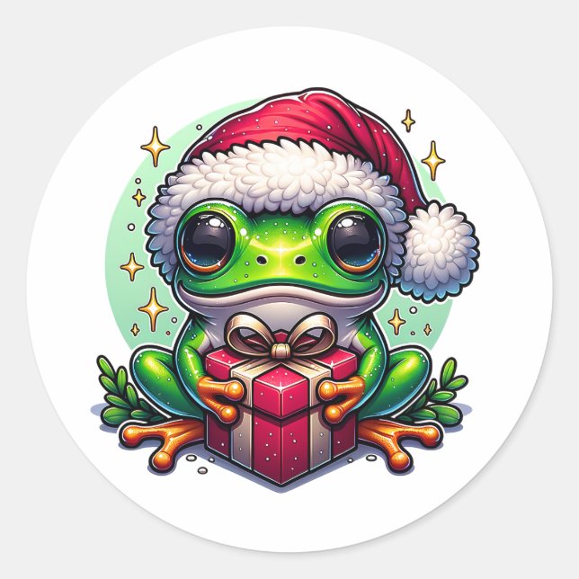 Merry Christmas Holiday Frog with Gift Classic Round Sticker (Front)