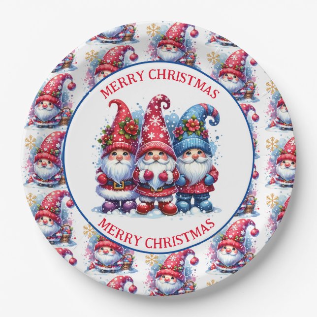 Merry Christmas Holiday Gnomes Paper Plate (Front)