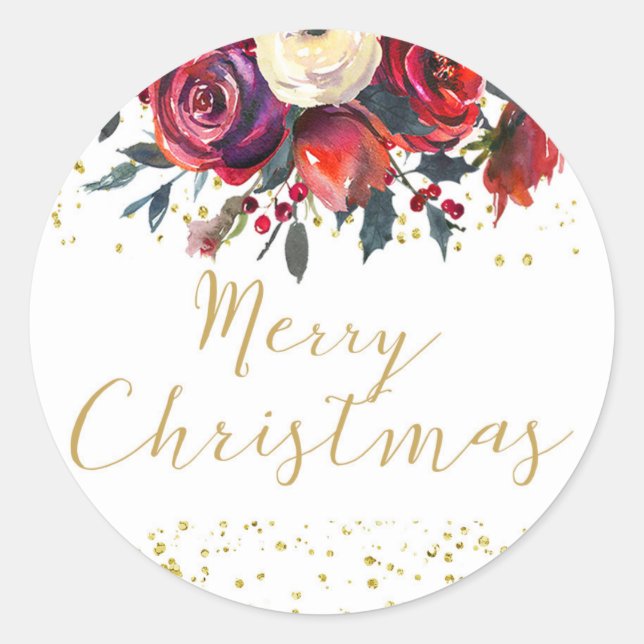 Merry christmas holiday gold script holly floral classic round sticker (Front)