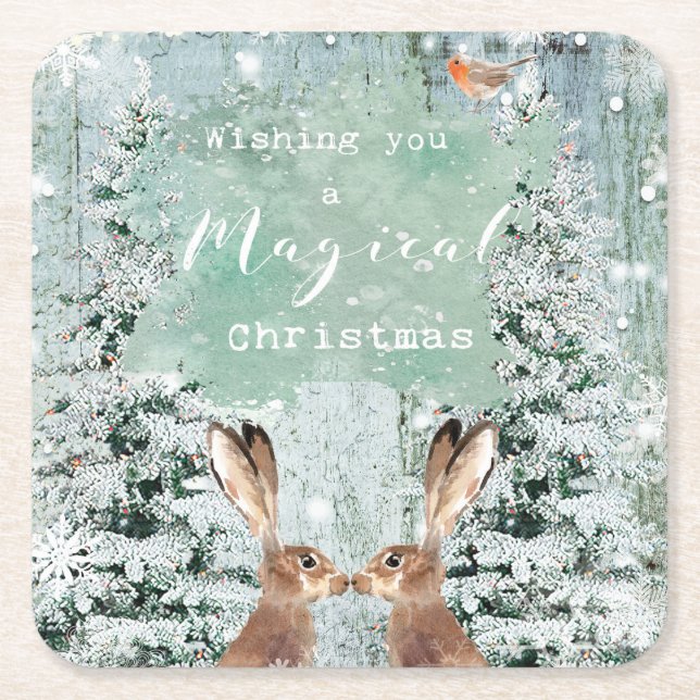 Merry Christmas holiday hares winter trees Square Paper Coaster (Front)