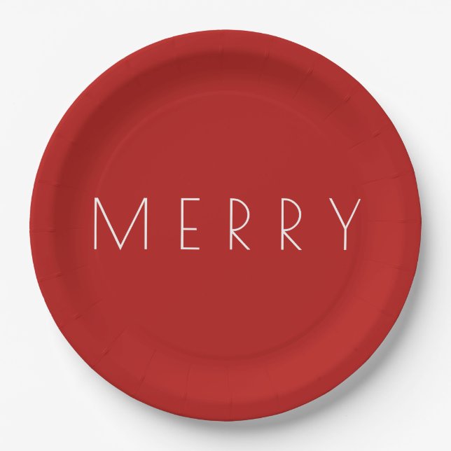 Merry Christmas Holiday Minimal Red White Party Paper Plate (Front)