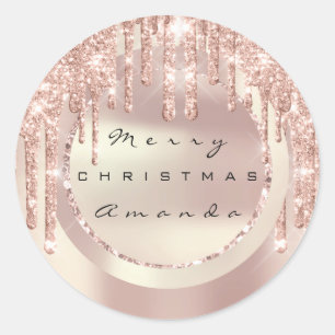 Merry Christmas Holiday Name Copper Rose Glitter Classic Round Sticker