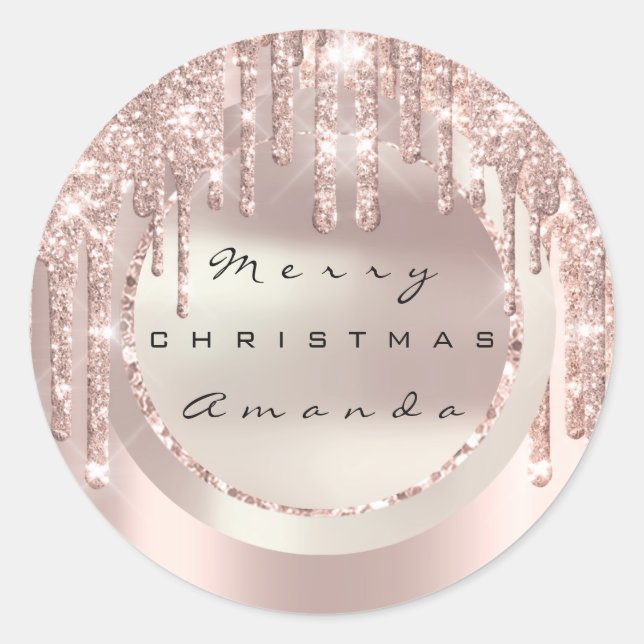 Merry Christmas Holiday Name Drips Rose Glitter Classic Round Sticker (Front)
