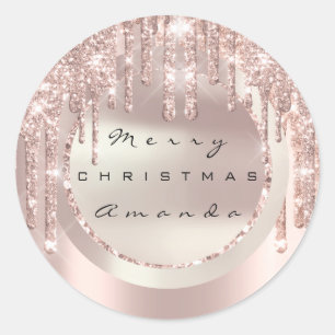 Merry Christmas Holiday Name Drips Rose Glitter Classic Round Sticker