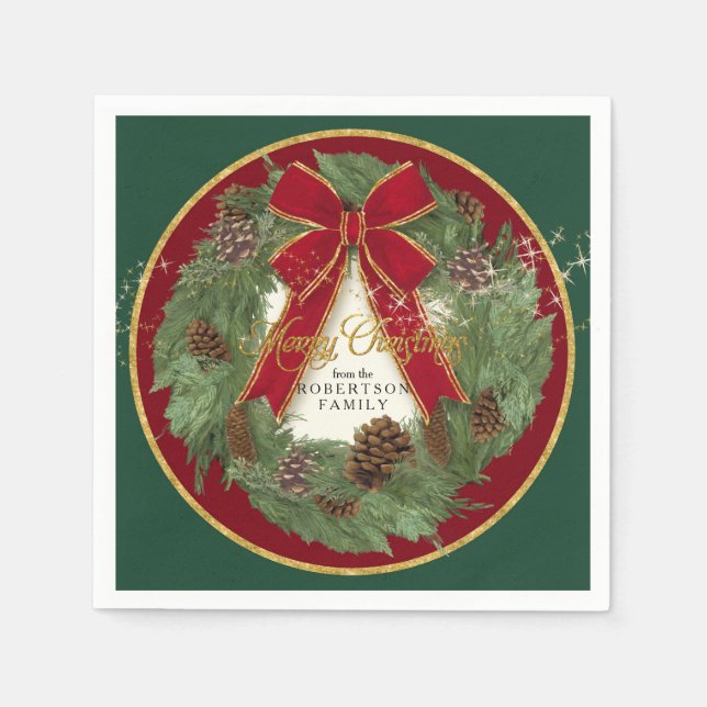 Merry Christmas Holiday Party Decor Pine Wreath Napkin (Front)
