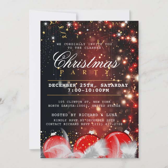 Merry Christmas Holiday Party Red Gold Baubles Invitation (Front)