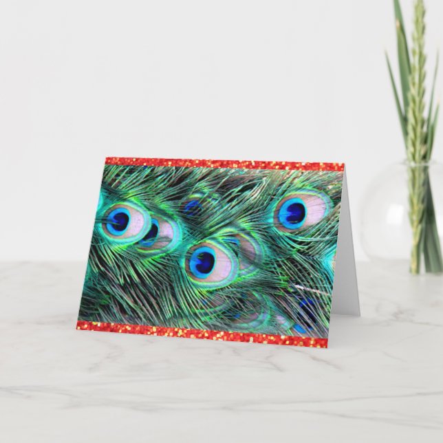 Merry Christmas Holiday Peacock and Red Glitter Card (Front)