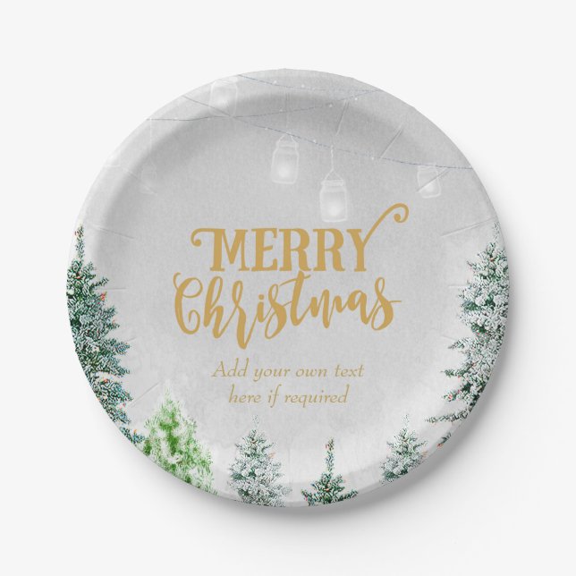 Merry Christmas holiday plate snow winter trees (Front)