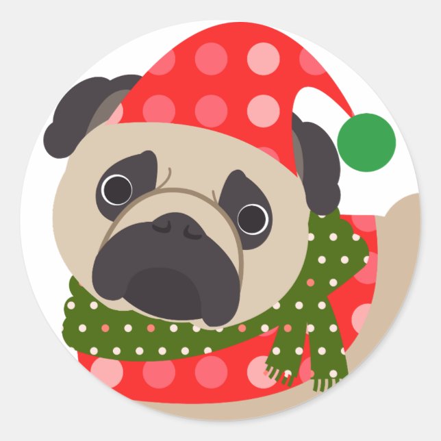 Merry Christmas Holiday Pug Dog Classic Round Sticker (Front)