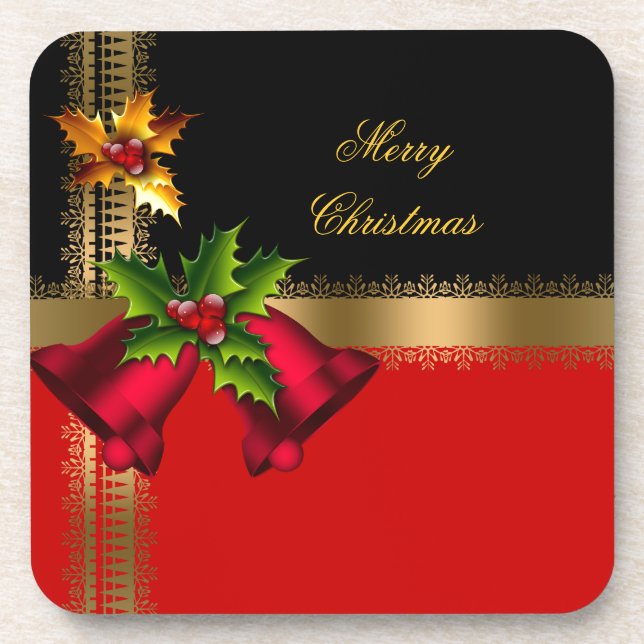 Merry Christmas Holiday Red Bells Black Gold Coaster (Front)