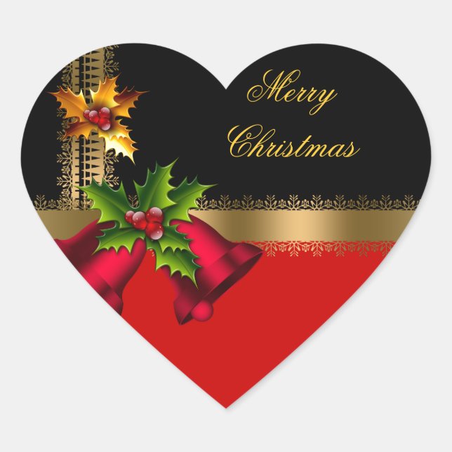 Merry Christmas Holiday Red Bells Black Gold Heart Sticker (Front)