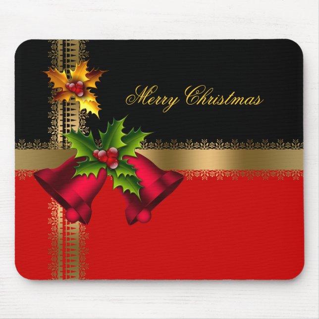 Merry Christmas Holiday Red Bells Black Gold Mouse Mat (Front)