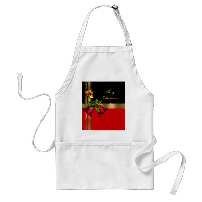 Merry Christmas Holiday Red Bells Black Gold Standard Apron (Front)
