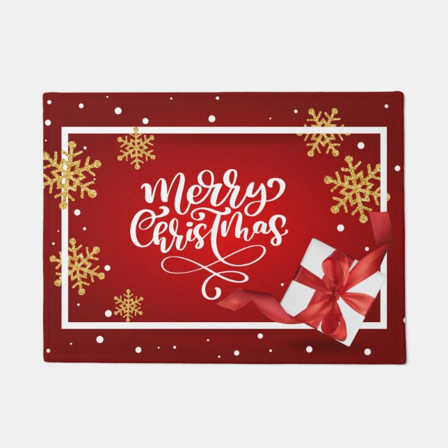 Merry Christmas Holiday Red CALIGRAPHY Doormat (Front)
