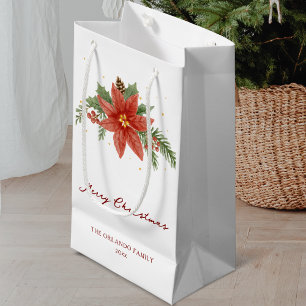 Merry Christmas Holiday Red Poinsettia White Small Gift Bag