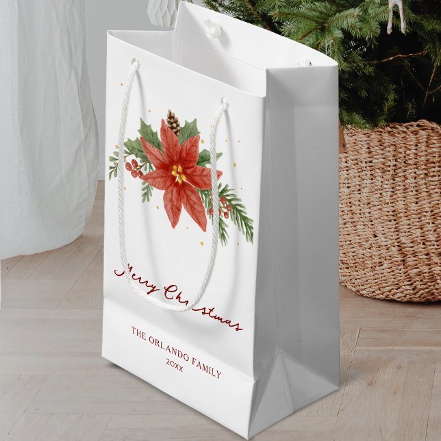 Merry Christmas Holiday Red Poinsettia White Small Gift Bag (Creator Uploaded)