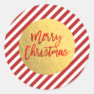 Merry Christmas Holiday Red Stripes Gold Foil Classic Round Sticker
