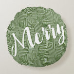 Merry Christmas Holiday Round Cushion<br><div class="desc">Merry in a chic white script on a pattern of white squiggles and dots,  this round green pillow is perfect to decorate your home for the holidays. MATCHING items in our store.</div>